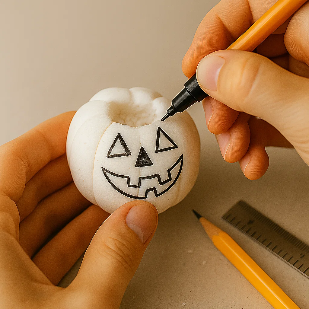 Drawing jack-o’-lantern face on foam pumpkin using black marker.