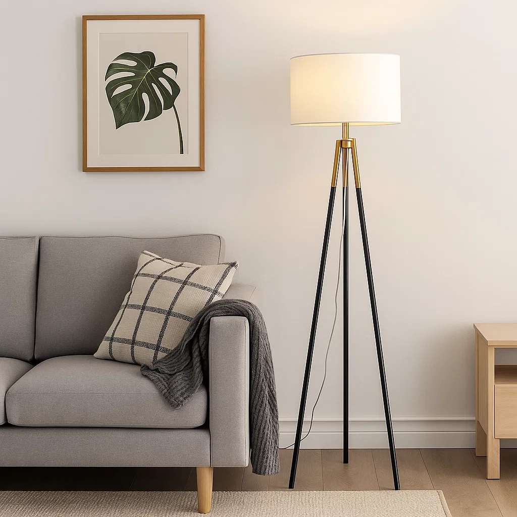 Tripod floor lamp with white shade beside gray sofa
