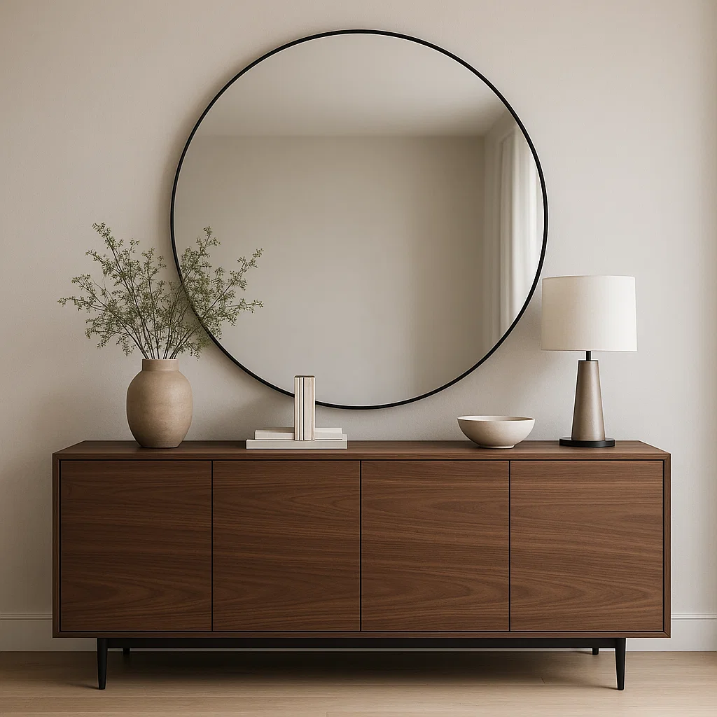 Modern wooden sideboard with large round mirror and lamp.