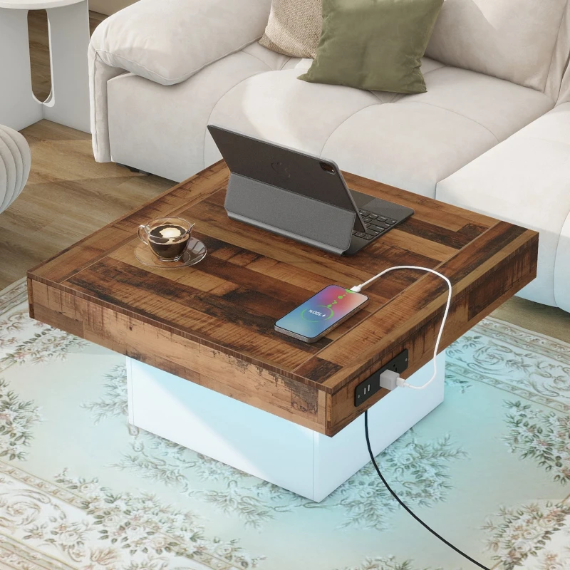 Wood coffee table with charging phone and tablet