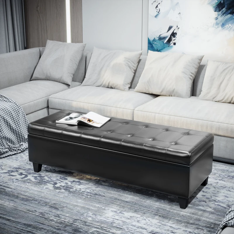 Black leather tufted storage bench in modern living room.
