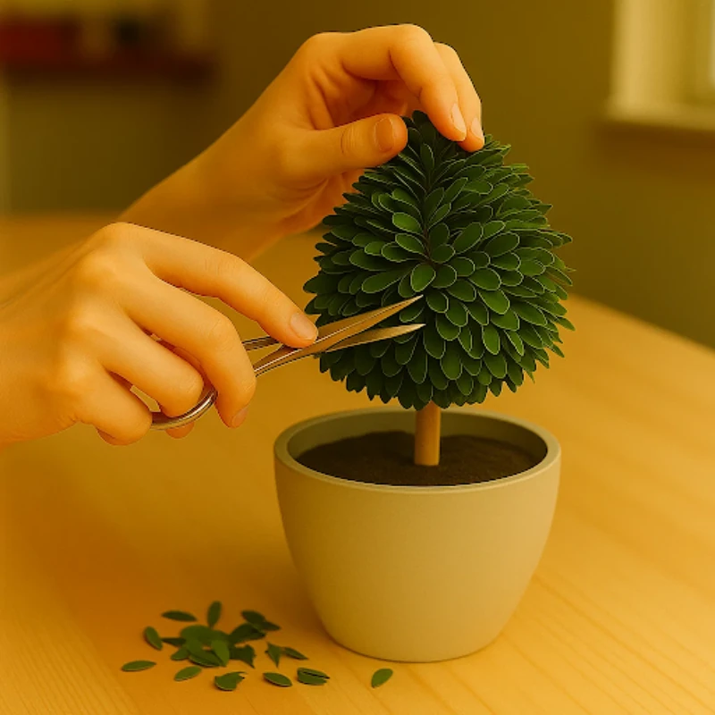 Trimming topiary leaves carefully to form smooth round shape.