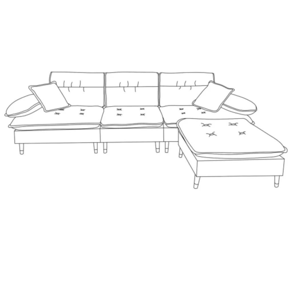Fully assembled sectional sofa with cushions and pillows in place