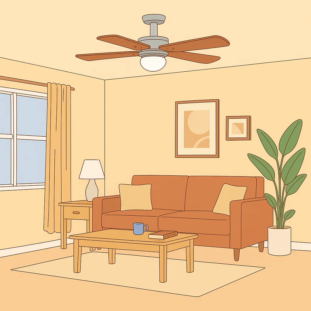 Living room with installed ceiling fan light, sofa, and indoor plant