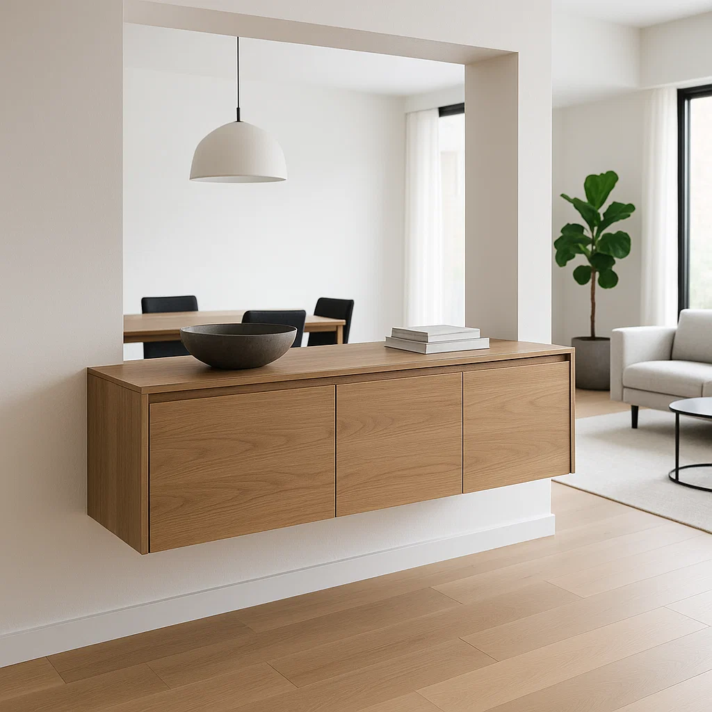 Wall-mounted sideboard between living and dining areas.