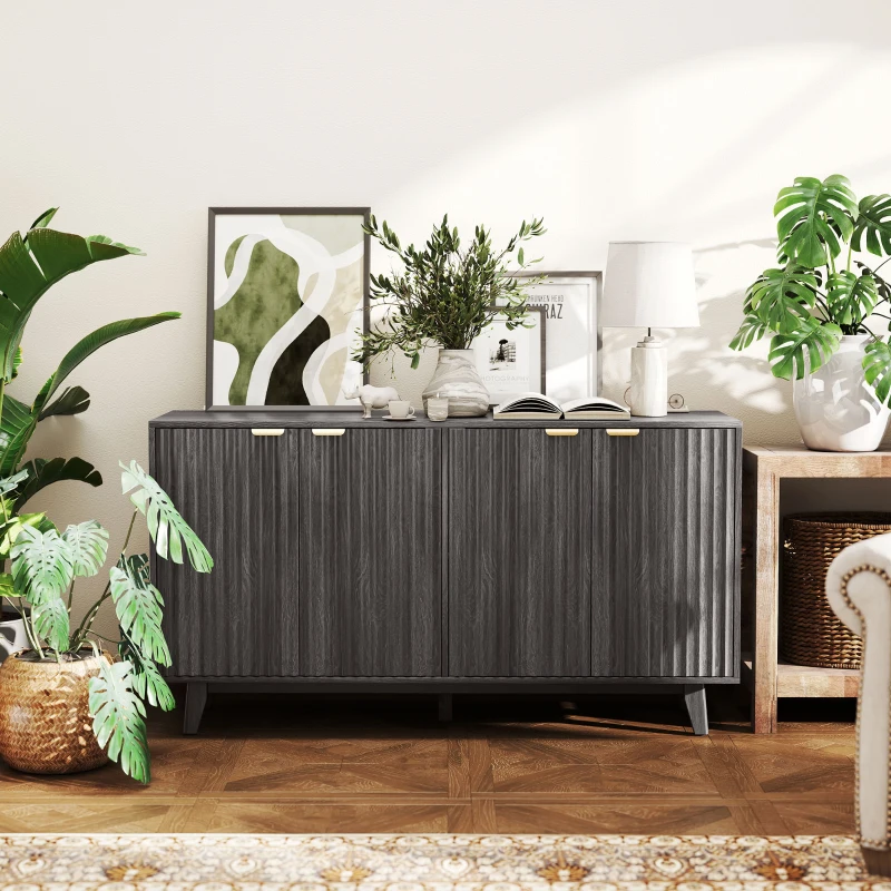 Dark modern sideboard with indoor plants and minimalist decor.