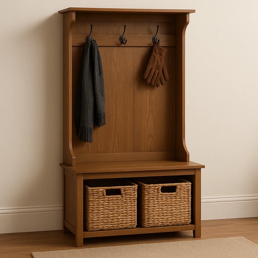 Wooden hall tree with woven storage baskets and hanging gloves.
