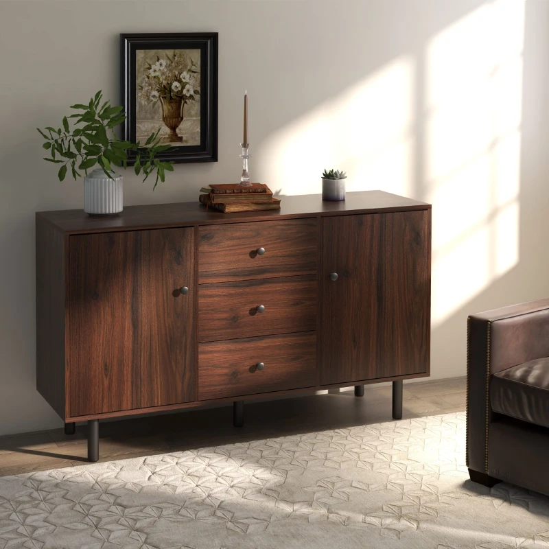 Mid-century walnut sideboard with drawers and potted plants.