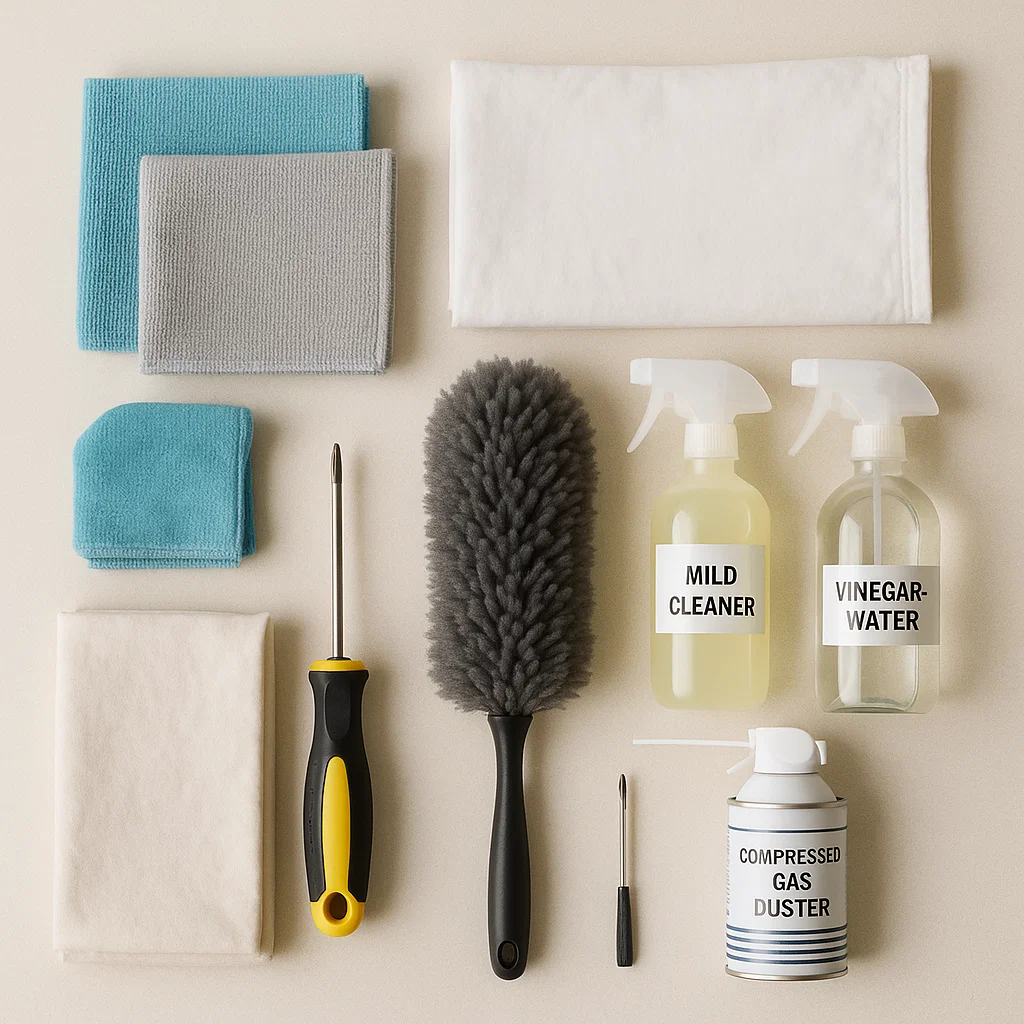 Ceiling fan cleaning tools including duster, cloths, and spray bottles