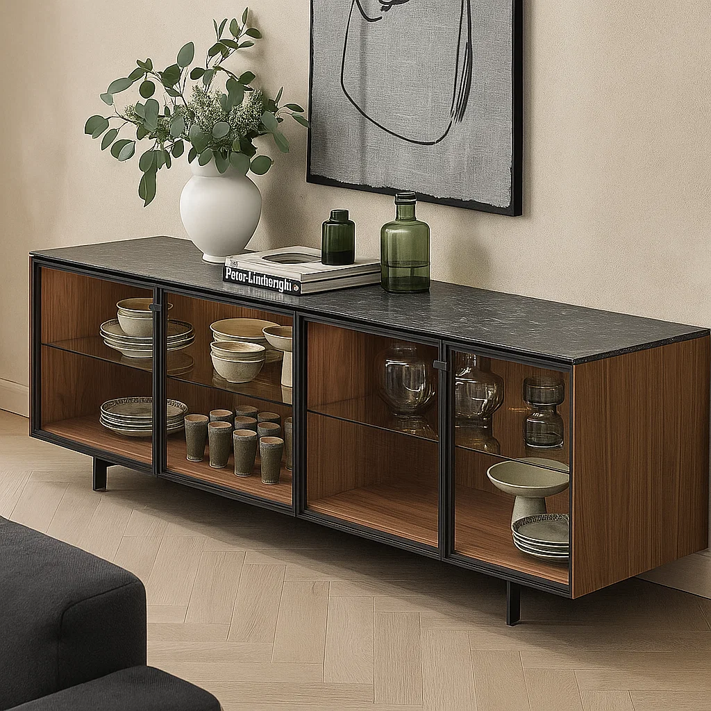 Contemporary glass sideboard displaying dishes in elegant dining space
