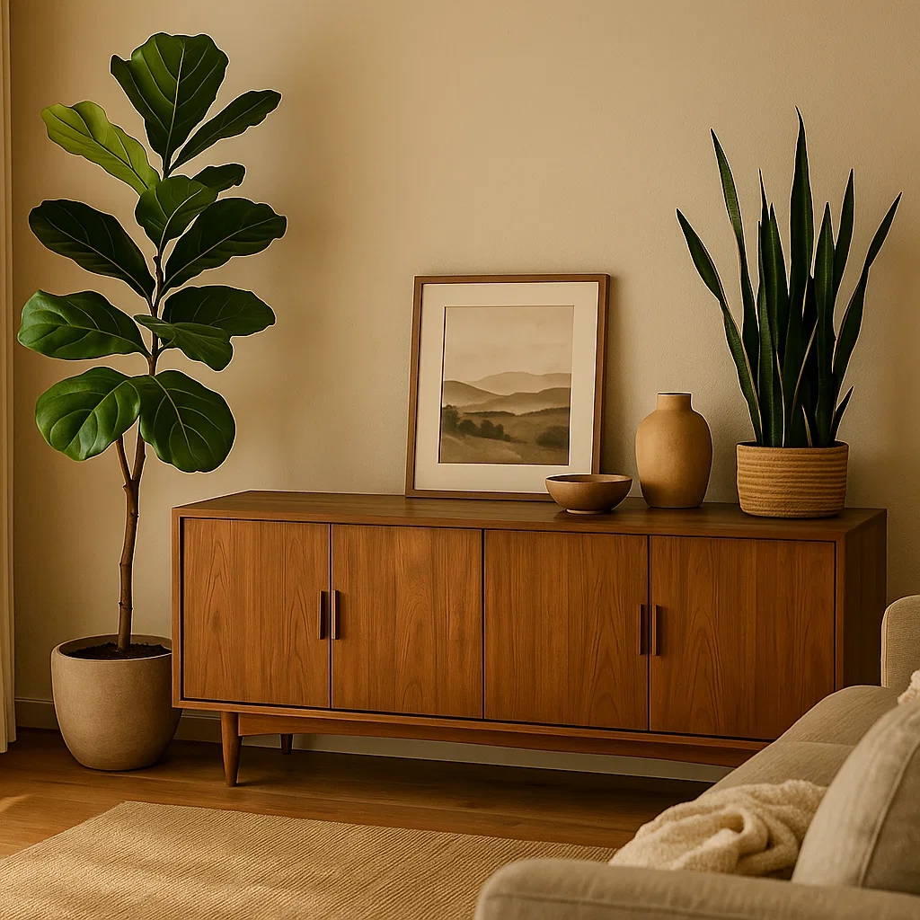 Wooden sideboard with indoor plants and neutral pottery decor.