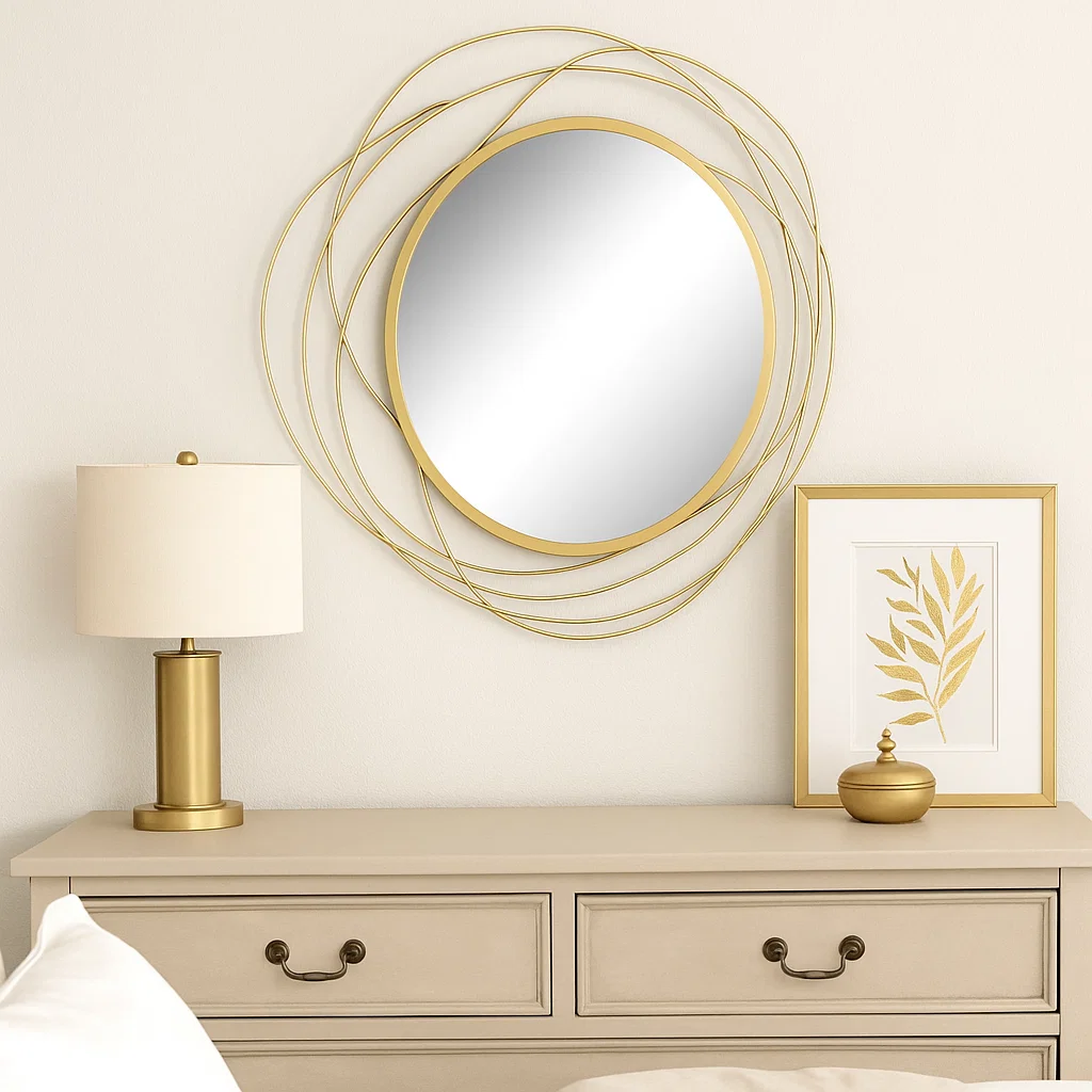 Round gold-framed mirror above beige dresser with lamp.