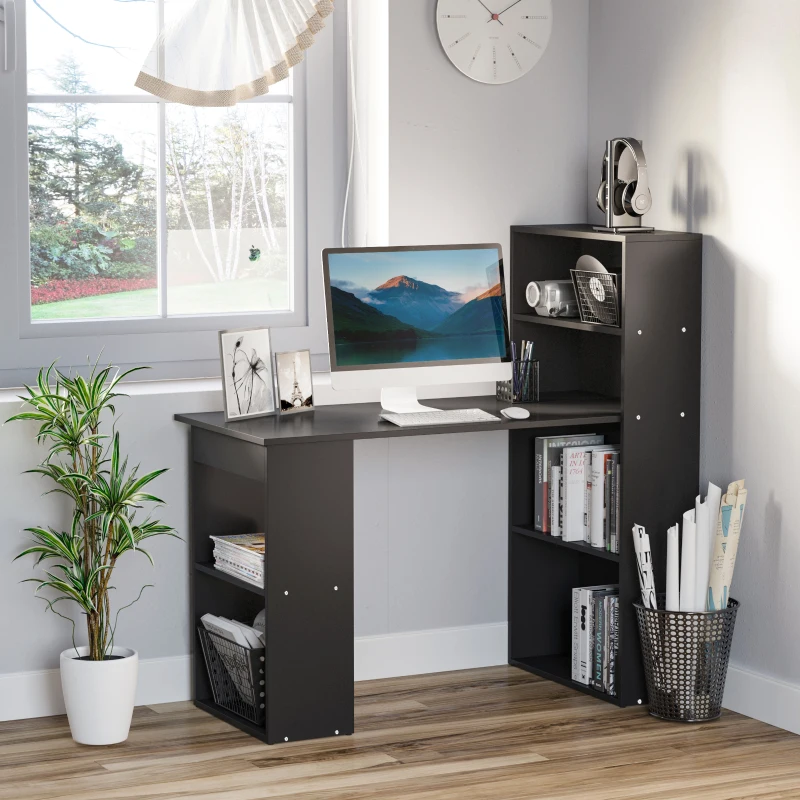 Modern computer desk with open storage shelves in corner