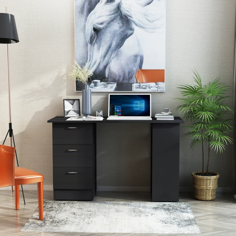 Black office desk with drawers and laptop setup