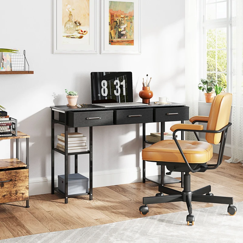 Compact desk with fabric drawers and office chair