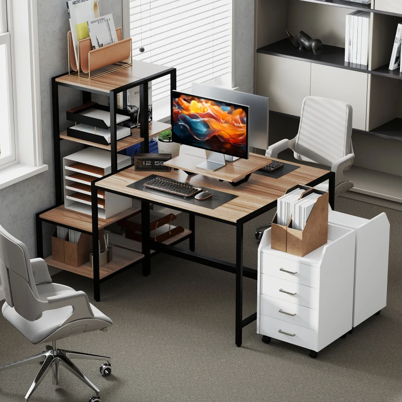Wooden L-shaped desk with monitor stand and shelves