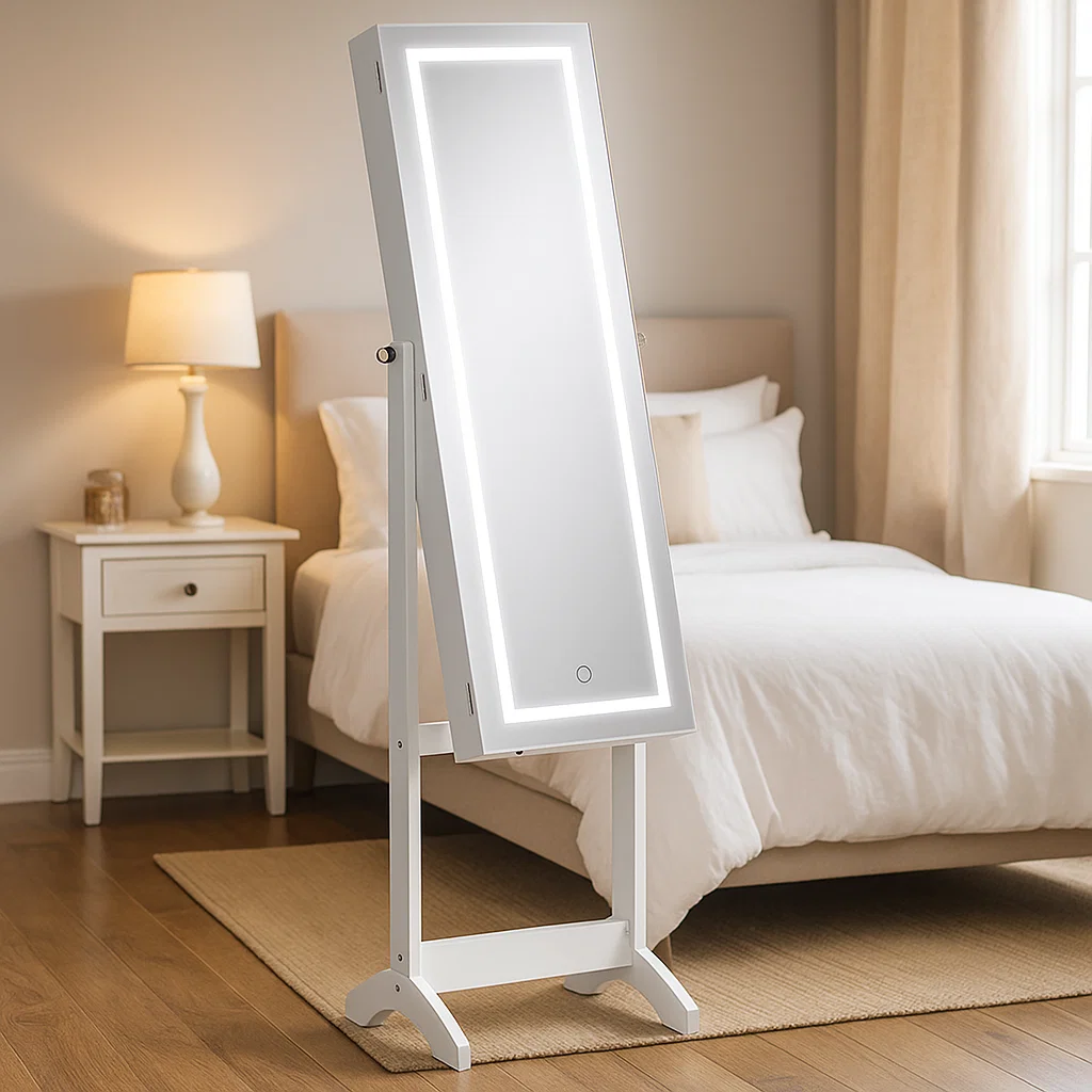 Tall wall mirror beside staircase in bright modern hallway.