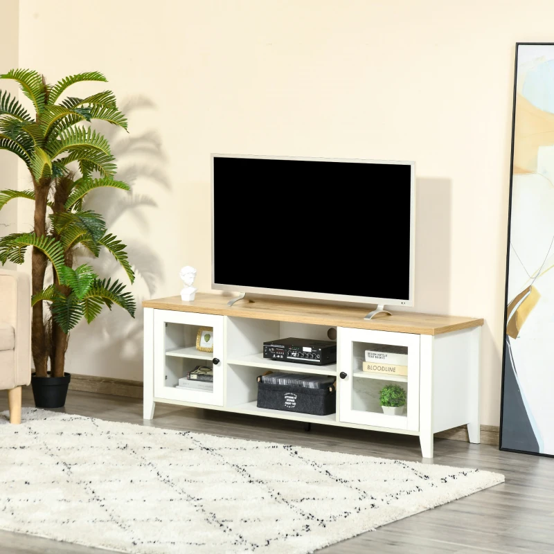White and wood TV console with storage cabinets and shelves.