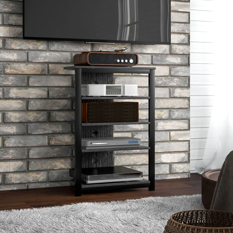 Black corner TV stand with multiple shelves and media devices.