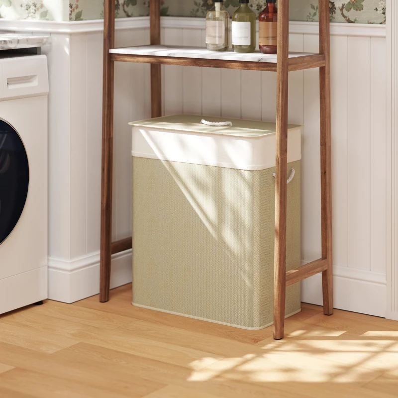 Beige fabric laundry hamper under wooden shelf in bright laundry room.