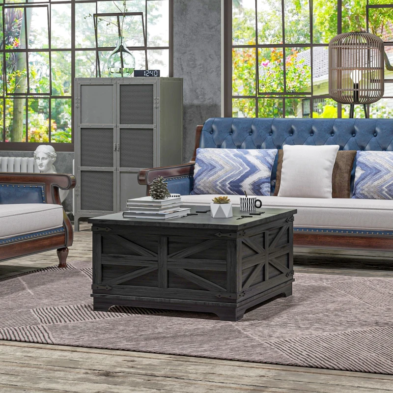 Black farmhouse coffee table in rustic living room