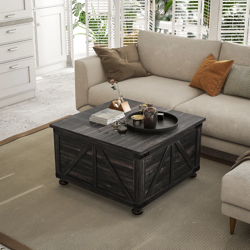 Rustic black farmhouse coffee table with tray and books