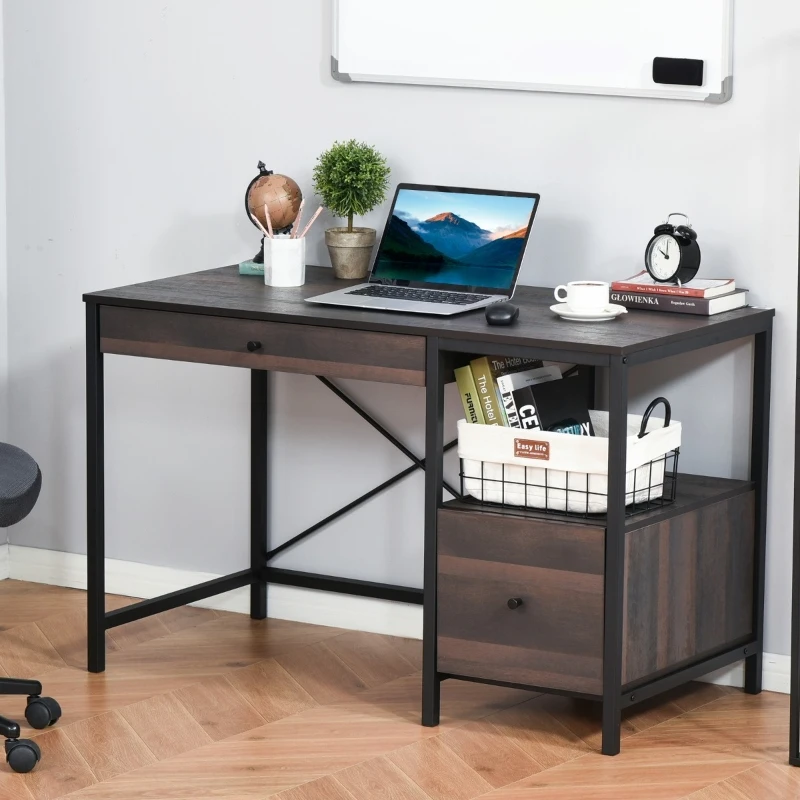 Compact office desk with laptop, drawer, and side storage