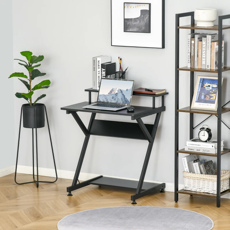 Industrial style desk with raised monitor shelf and shelving