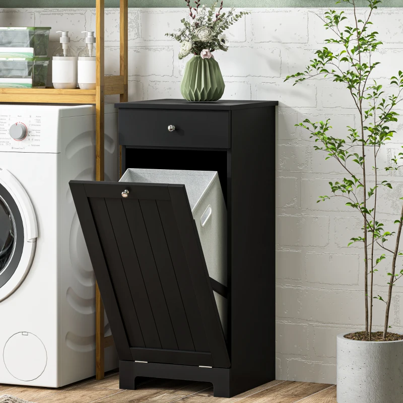 Black tilt-out laundry cabinet with drawer near washing machine.