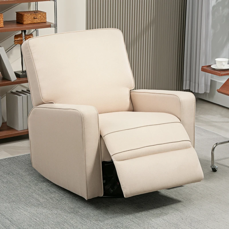 Beige manual recliner chair extended on grey carpeted floor
