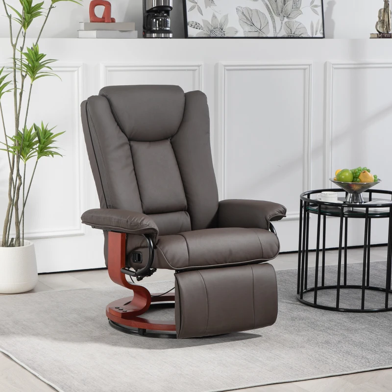 Brown leather recliner chair with wooden base beside round table