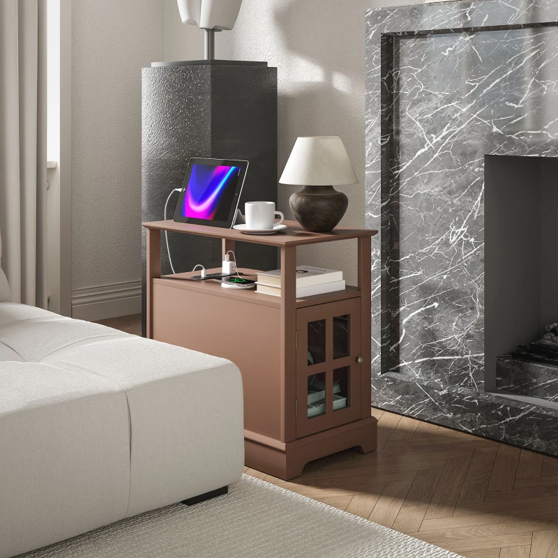 Slim brown side table with lamp and tablet near fireplace