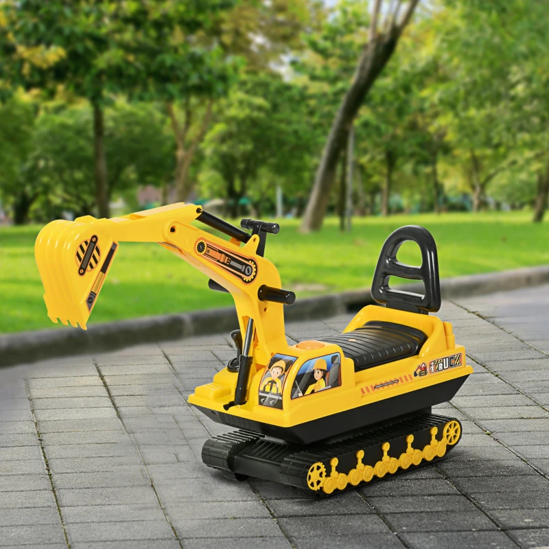 Yellow kids ride-on excavator toy with movable arm in park setting