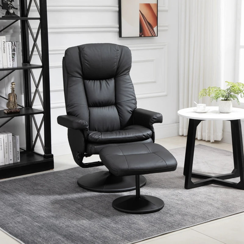 Black leather recliner chair with ottoman in cozy reading room
