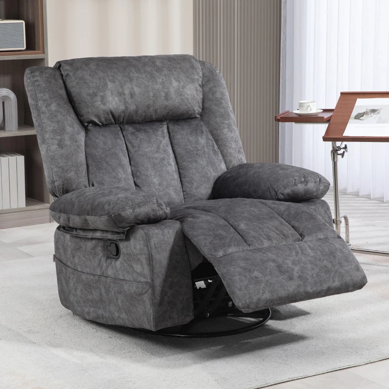 Grey fabric rocker recliner chair in bright modern living room
