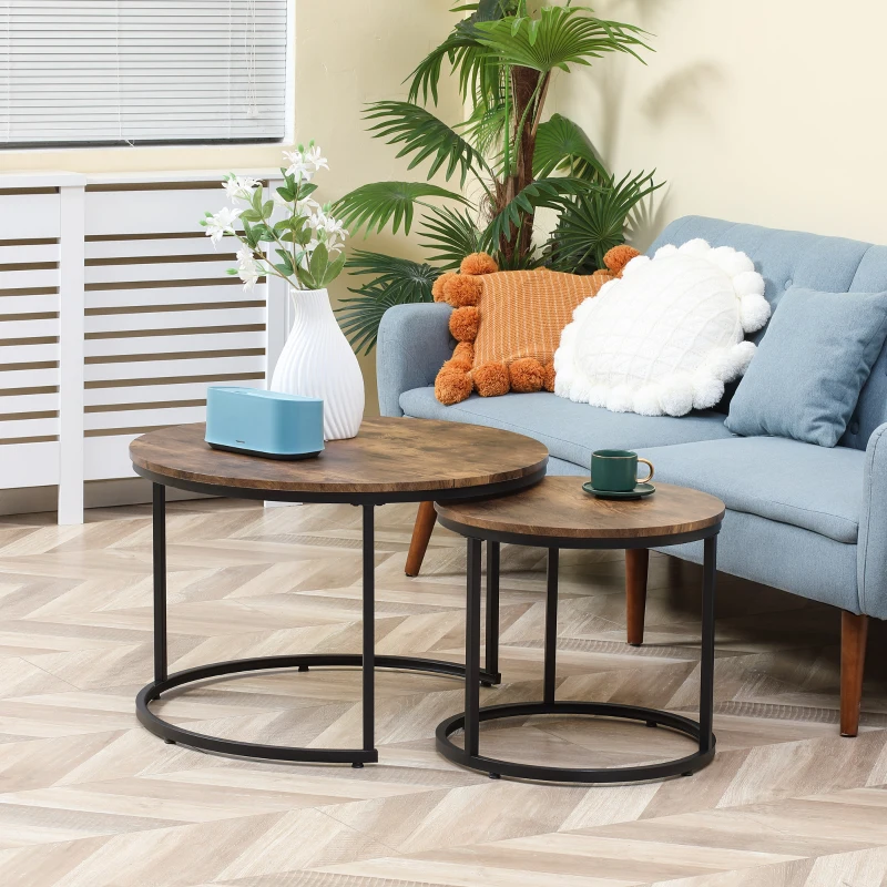 Wooden round nesting coffee tables with black metal legs