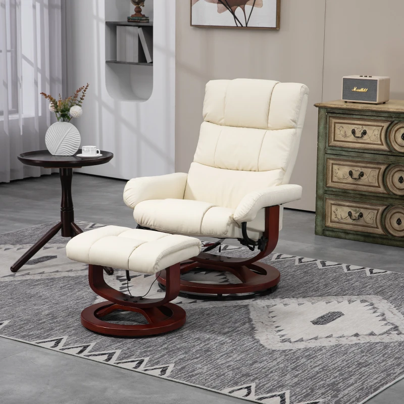 Cream recliner chair with matching footrest on patterned rug