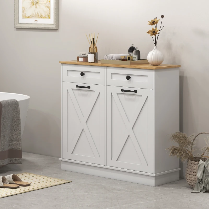 White double laundry cabinet with wood top and drawers in bathroom.
