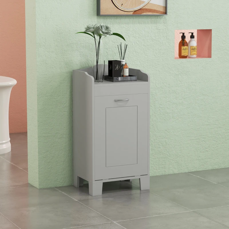 Compact gray bathroom cabinet with drawer and storage shelf.
