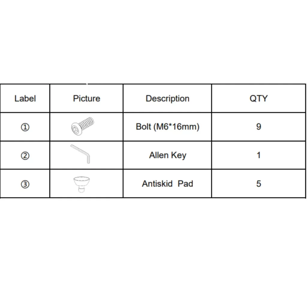 Hardware list with bolts, Allen key, and antiskid pads