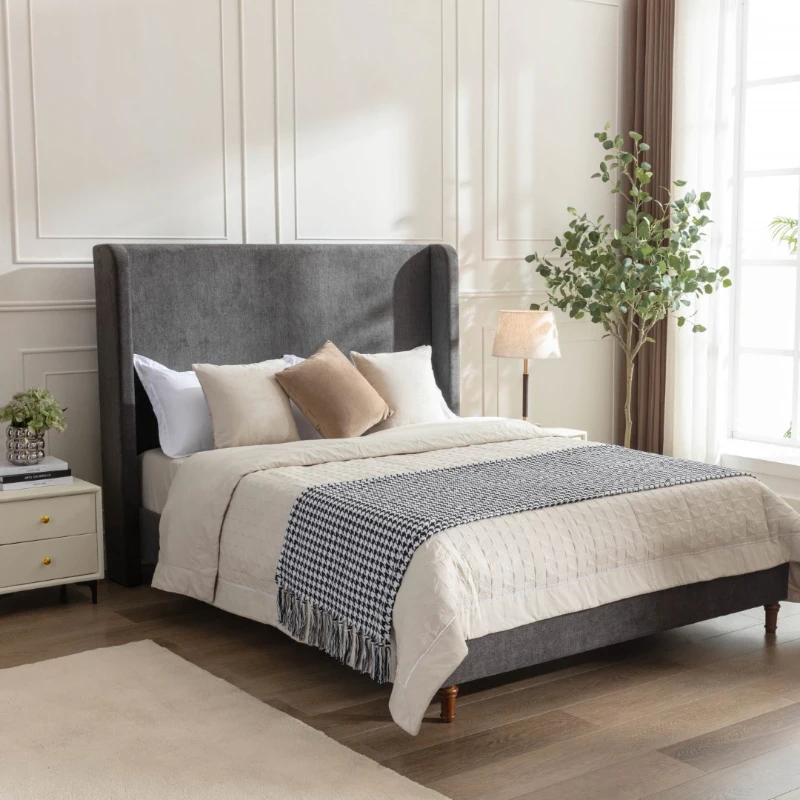 Elegant queen-sized upholstered bed with tall headboard