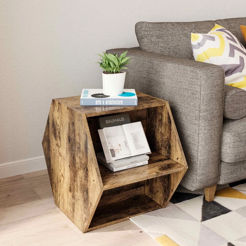 Wooden hexagon side table with plant and books