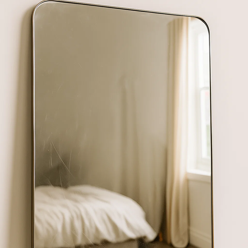 Lightly scratched mirror reflecting a bedroom before the scratch removal process.