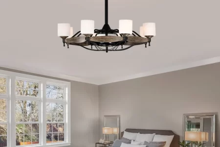 Modern chandelier-style ceiling fan with warm lights in cozy bedroom
