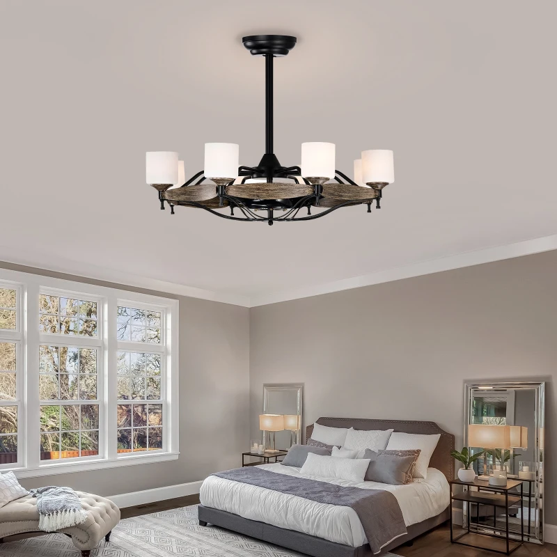 Modern chandelier-style ceiling fan with warm lights in cozy bedroom