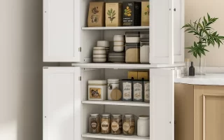 White pantry cabinet neatly stocked with dry goods and dishes