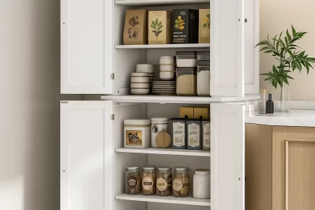 White pantry cabinet neatly stocked with dry goods and dishes