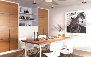 Modern dining room with large ceiling fan and wooden dining table