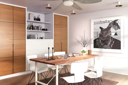 Modern dining room with large ceiling fan and wooden dining table