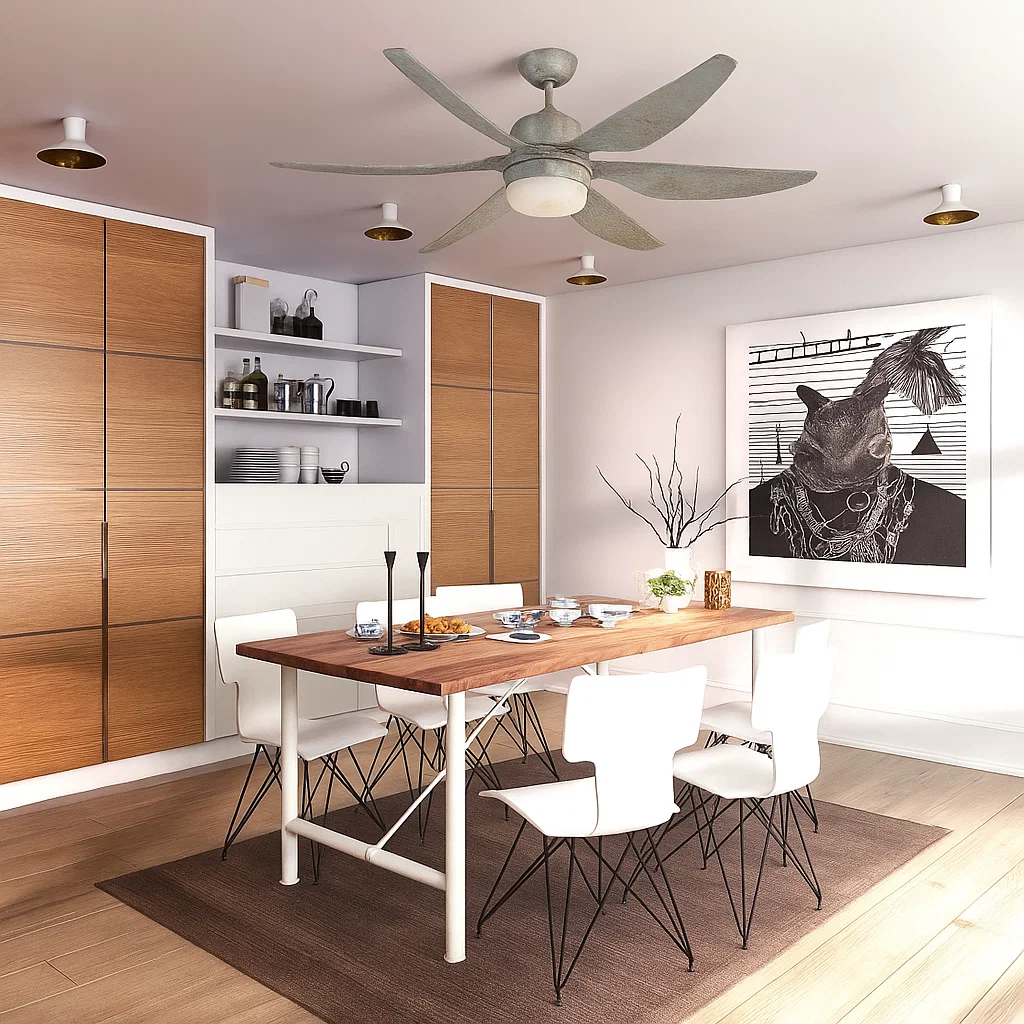 Modern dining room with large ceiling fan and wooden dining table